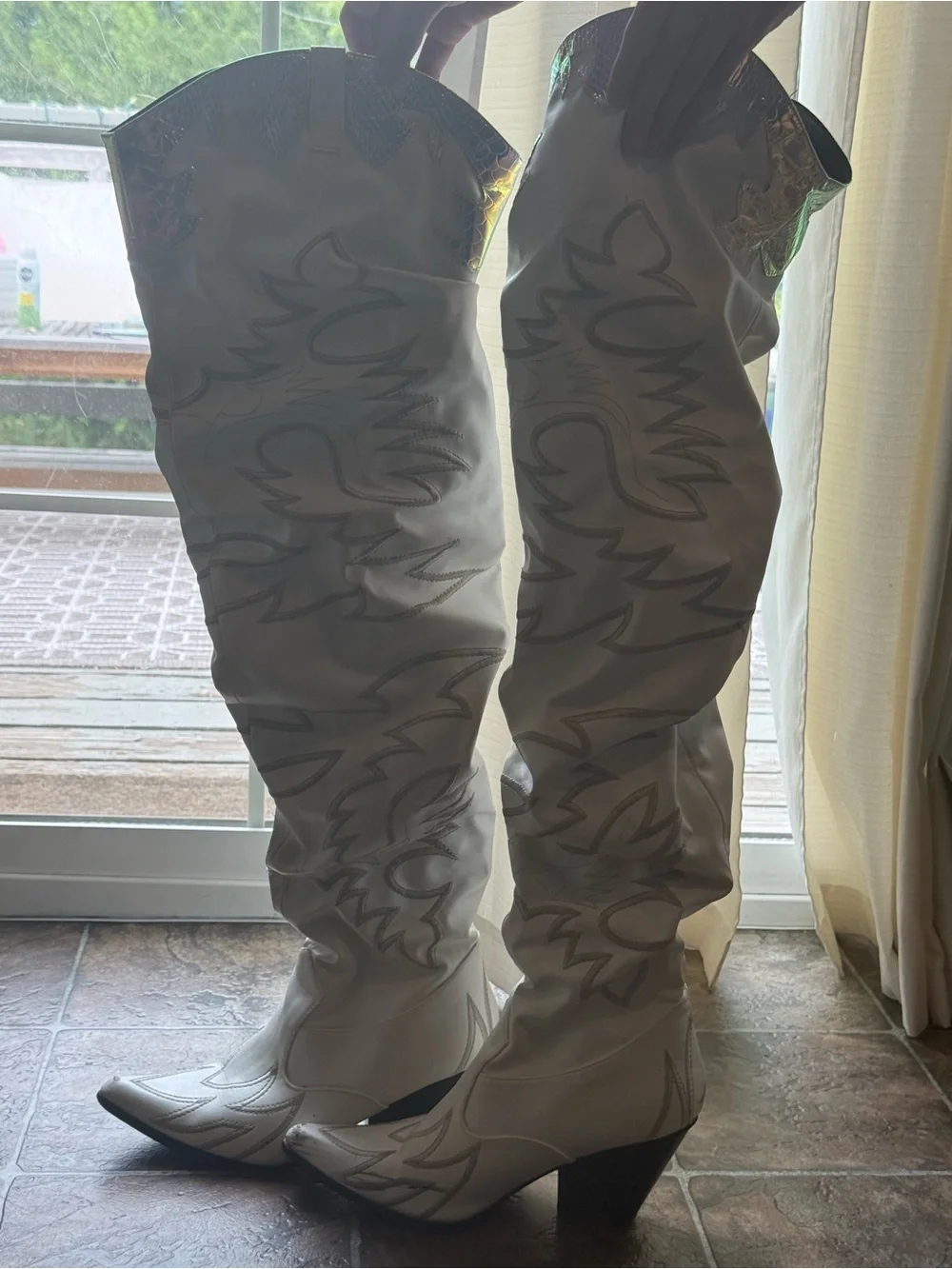 Dolls Kill White Over-the-Knee Western Boots with Iridescent Trim